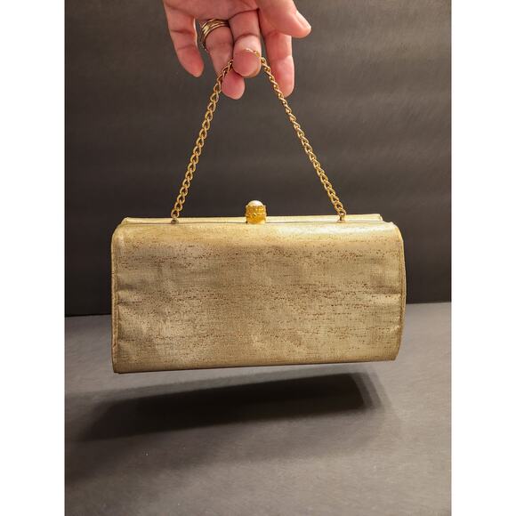 MIDCENTURY Vtg 50s 60s Gold Lame Evening Bag Framed Attached Chain Special Event - Picture 1 of 11